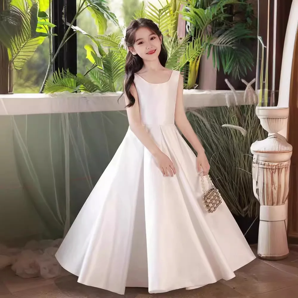 

Satin Girls Bridesmaid Dress Flower Elegant Wedding Party White Long Dress Children Birthday Pageant Graduation Prom Gown 3-14T