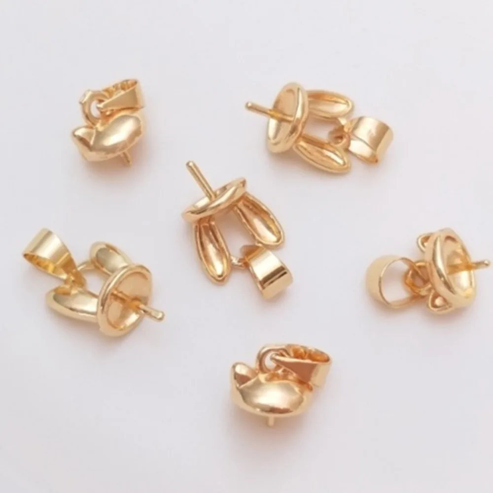 

1Pcs Copper Charms 14K Gold Color Kitten Rabbit Hanging Bead Holder Handmade DIY Crystal Pearl Half Hole Sticky Round Bead Pin