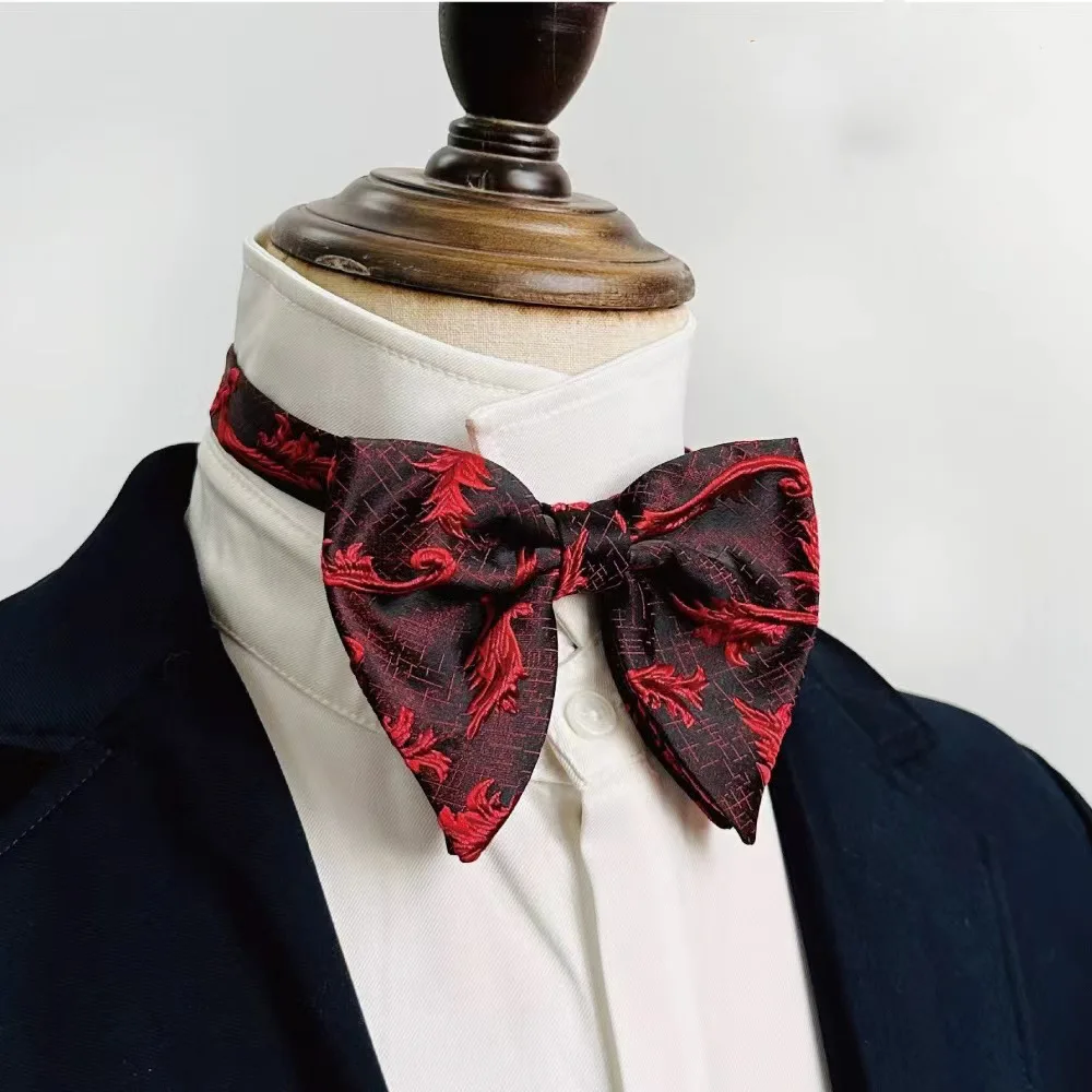 Men's double-layer polyester silk cow horn bow tie, high-end wedding banquet suit shirt, bow tie, groom red, white, black