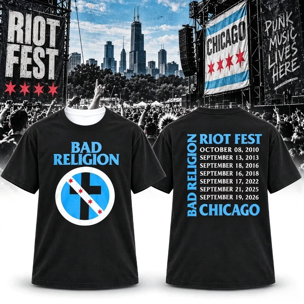 New 2026 Bad Religion Riot Fest Chicago T-shirt Punk Rock Music Festival Oversized Short Sleeve Streetwear Tee