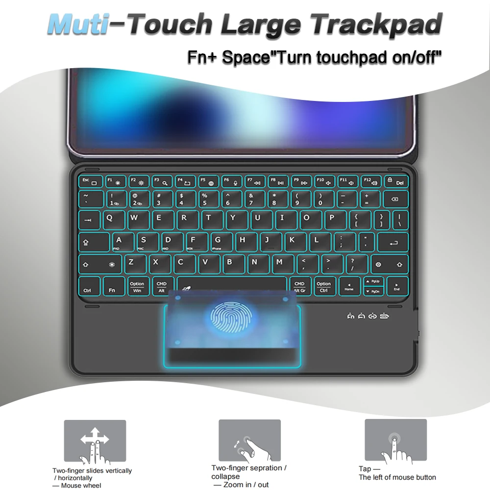 Portable Bluetooth Wireless Touchpad Keyboard with Foldable Leather Holder,Rechargeable 7 Color Backlit Keypad for Window/Mac OS