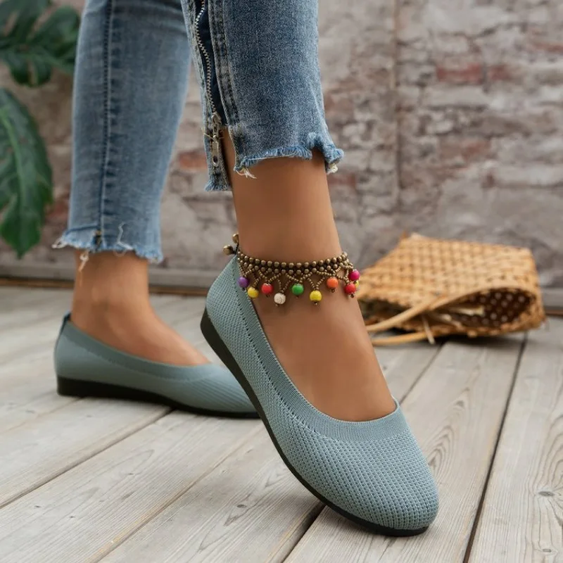 Spring and Autumn 2023 New Outwear Solid Color Oversized Shallow Cut Shoes Women\'s Knitted Comfort Flat Shoes Women