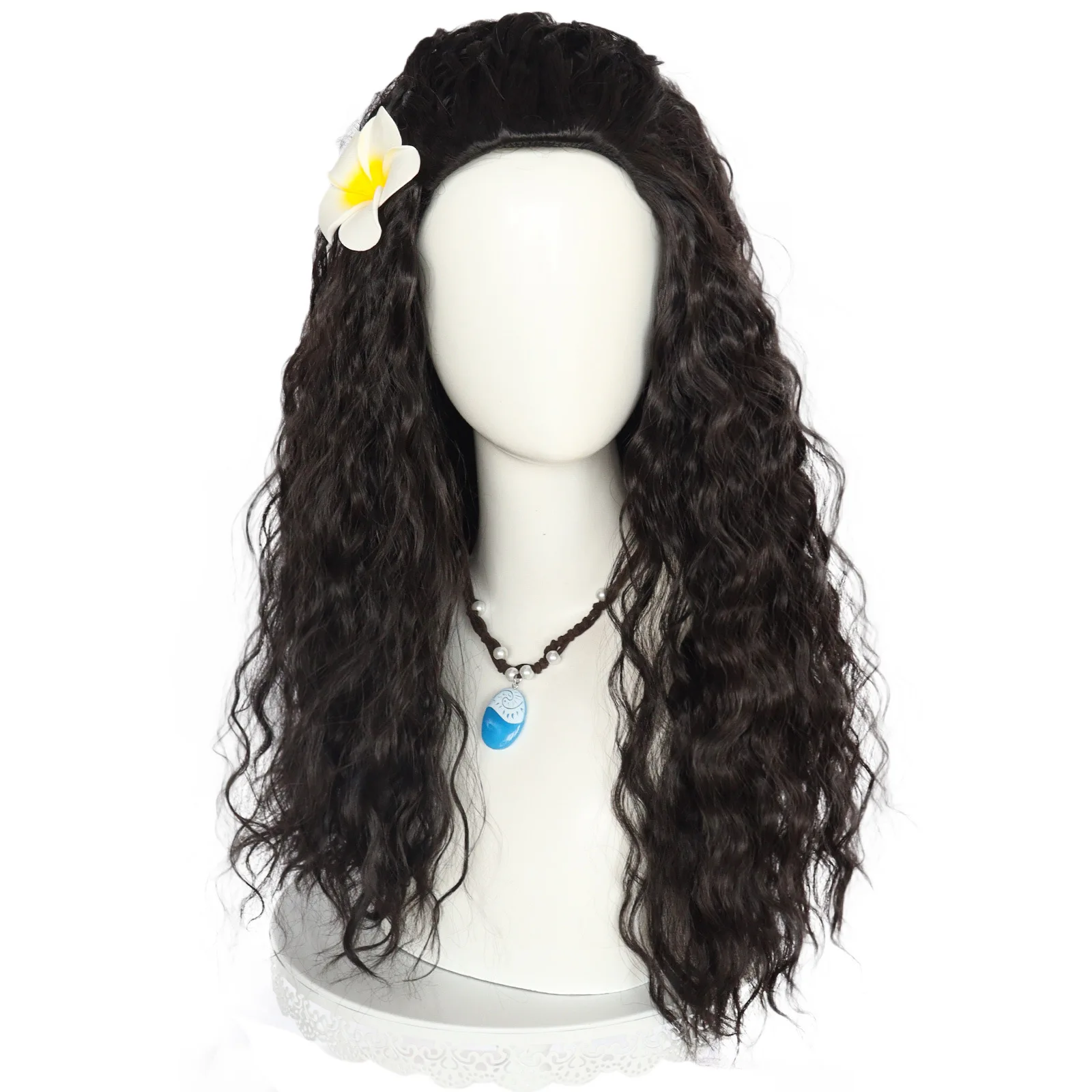 Halloween women Princess Moana Long Black Brown Curly Wavy wig Costumes with flower