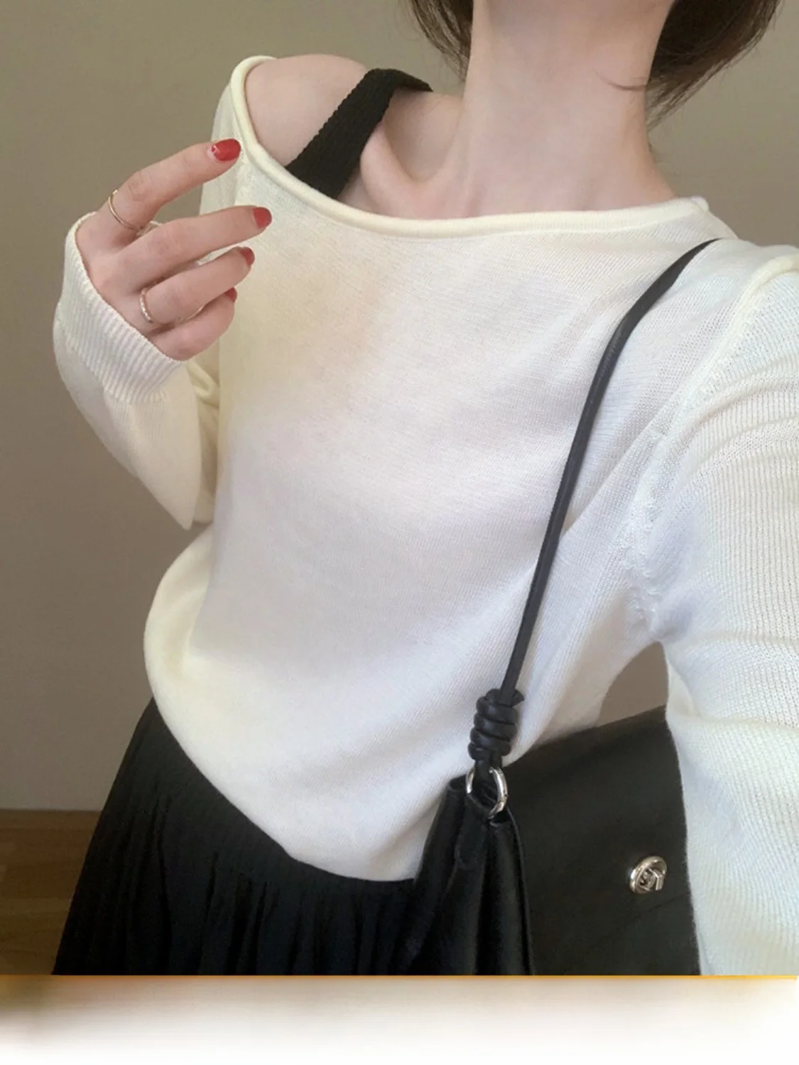 

Trendy Long Sleeve Shoulder Design Women's Top Korean Style Slimming Versatile Anti-Aging Summer New Arrival Soft Knitted Swe...