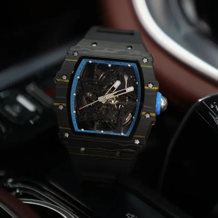 CRONUSART Orologio automatico da uomo Tonneau Cassa in fibra di carbonio Orologio da polso meccanico Quadrante luminoso scavato Cinturino in gomma fluorurata