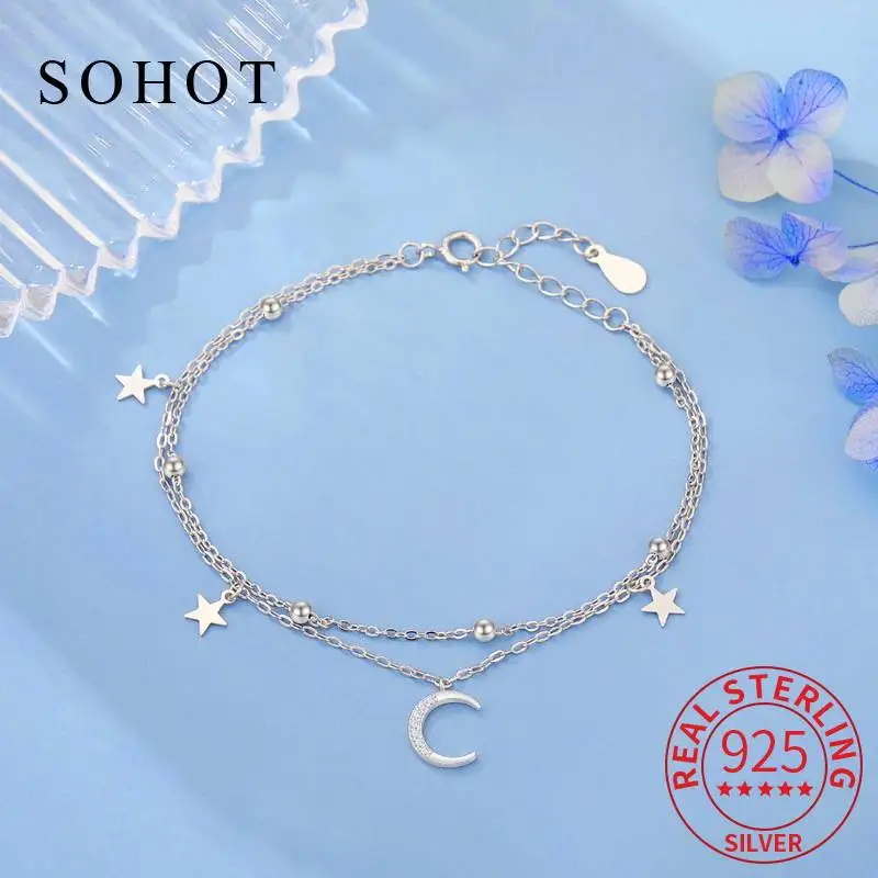 

Real 925 Sterling Silver Sparkling Star Moon Bead Charm Bracelet for Women Ajustable Fine Jewelry Light Luxury Accessories