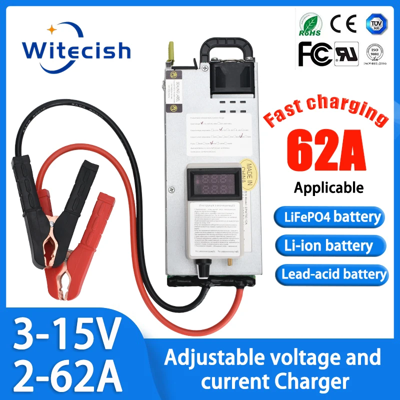 3-15V 20A 40A 60A 62A Adjustable Battery Charger Supports 12.6V 20A 40A 60A Lithium 14.6V 60LiFePO4 12V Lead Acid Fast Charging