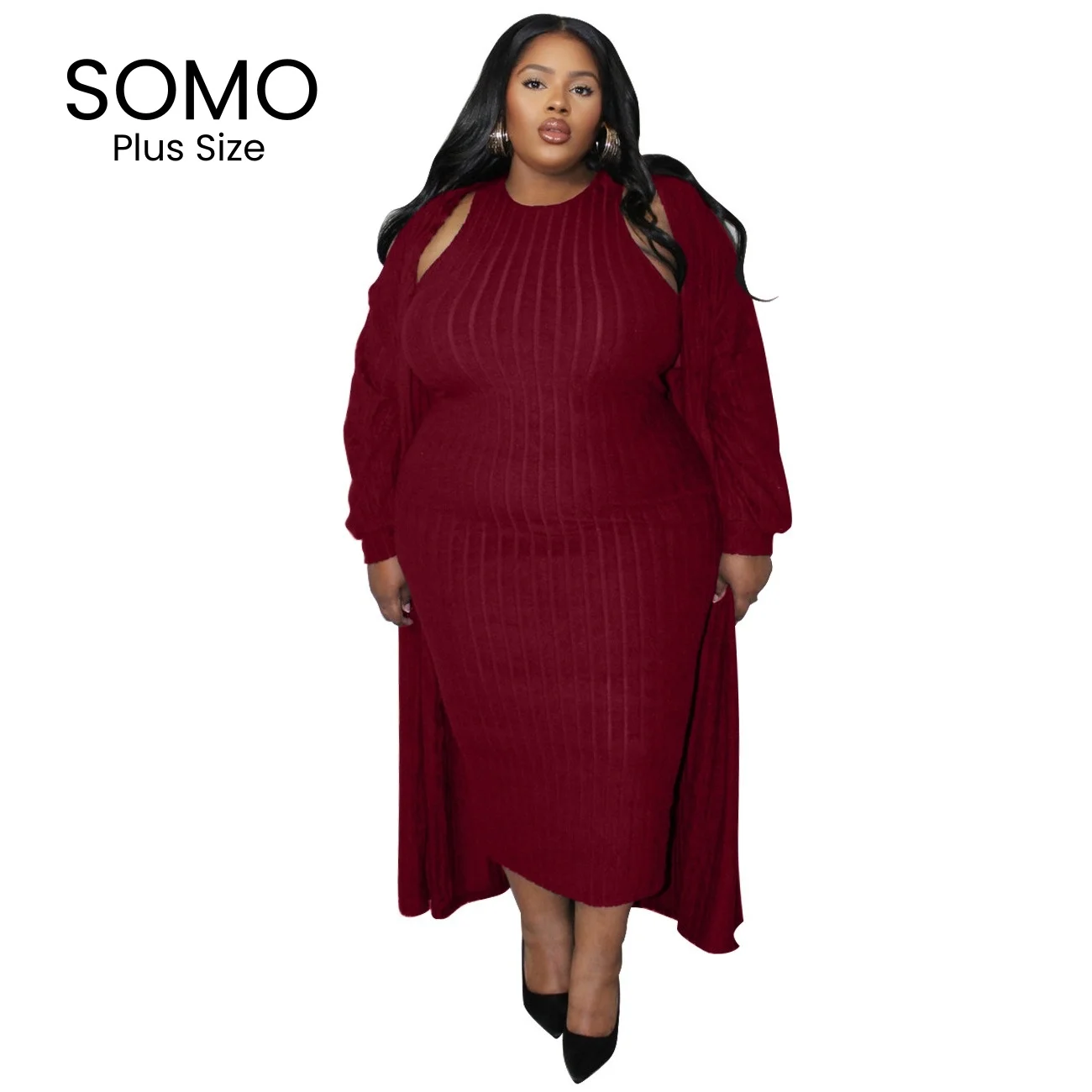 Somo Plus Size Vrouwen 2 Delige Sets Tank Gebreide Jurk Lange Mouwen Jas 204 Herfst Nieuwe Casual Elegante Office Lady Dropshipping