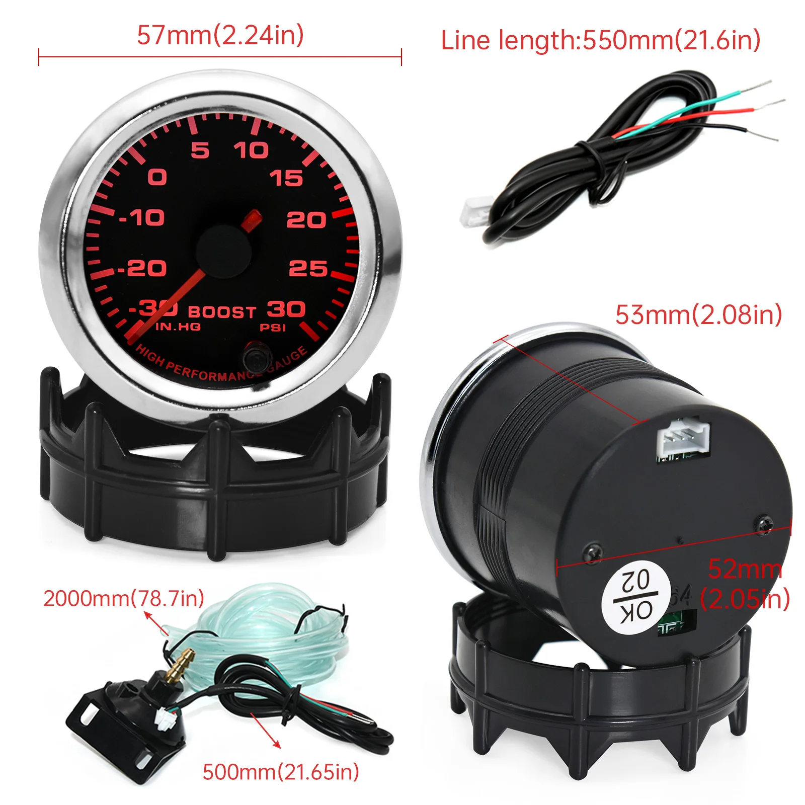 52mm Turbo Boost Gauge PSI 7 Color LED Car Meter Pointer Universal Car Meter -30~30 PSI for Boost Controller Display Indicator