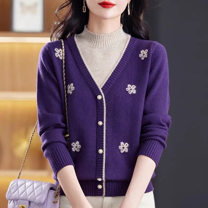 

Fake Two Pieces Contrast Jacquard Sweater Women's Short Knitwear Sweaters Lady Bottom Shirt Pullovers Autumn Winter E11585