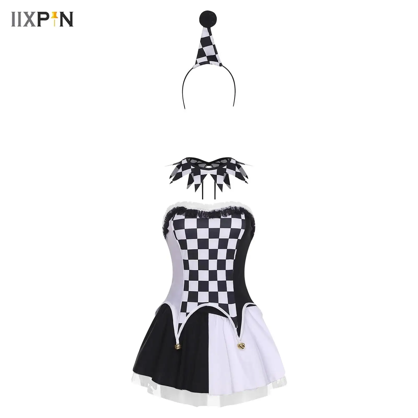 

Womens Halloween Clown Dress-up Costume Checkerboard Strapless Top+Contrast Color Miniskirt+Necklace+Headwear Party Evil Cosplay