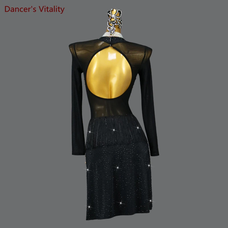 Latin Dance Performance Dress Cusomzied Long Sleeves AB Stones Chacha Rumba Dance Competitoin Dresses Latin Fringe Skirt