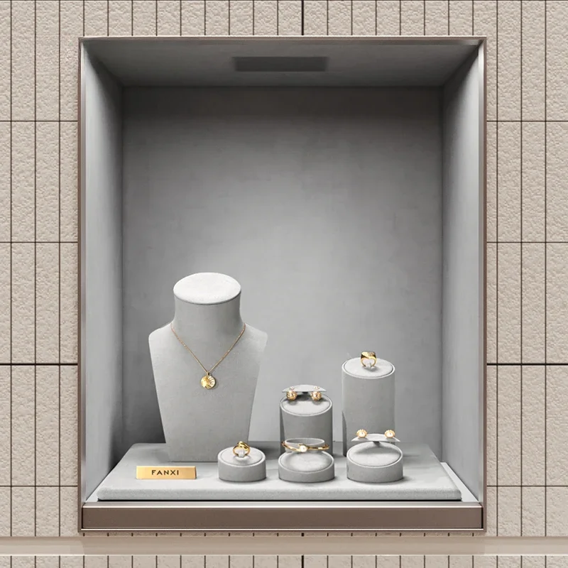 Espositore per gioielli di lusso leggero in microfibra grigia Espositore per gioielli Espositore per gioielli con bracciale ad anello per collana