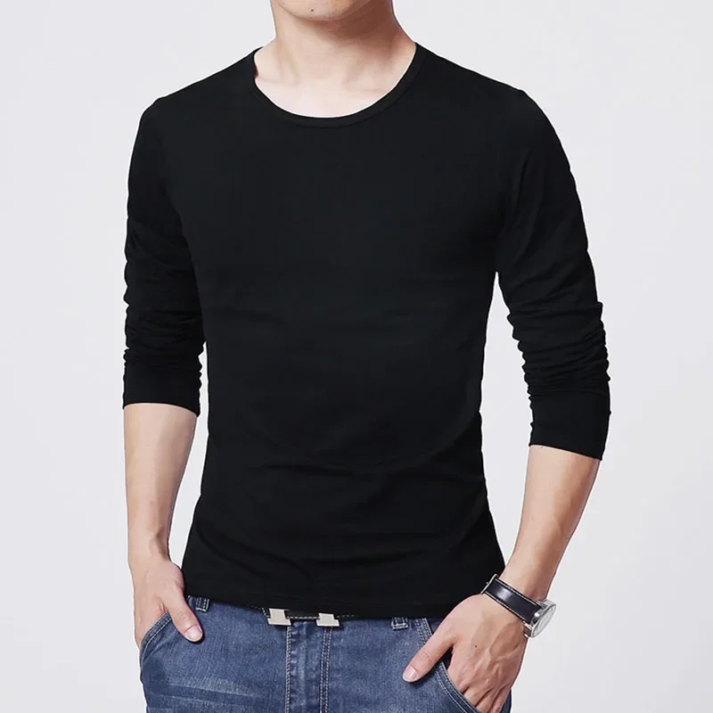 Men T-shirt Long Sleeve Solid Color Bottoming Shirts O-neck Pullover Tops Slim Fit Spring Autumn White Black Oversize Tees