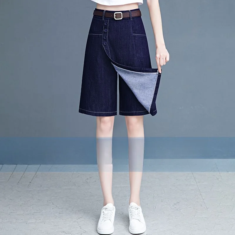 Denim Culottes Women Clothing New Fashion High-waist Fat Sister Show Thin Cover Meat Prevent Naked One Half Culottes Jean Skirt