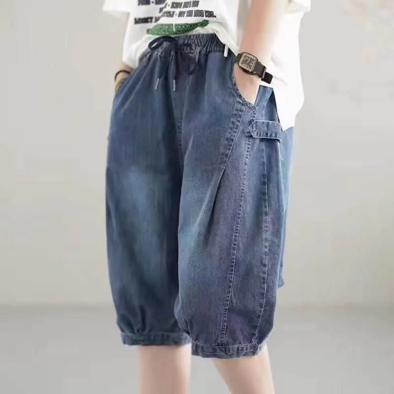 

Женские джинсовые шорты 2026: летняя коллекция, винтажный стиль, эластичный пояс, джинсы-шаровары, укороченные брюки, повседневная свободная женская одежда