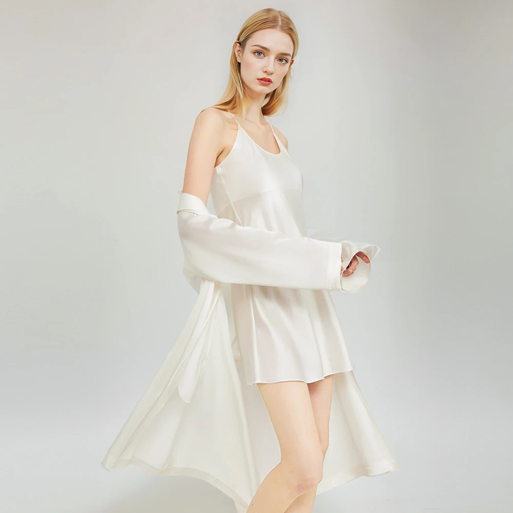 Winsleter-19MM 100% 진짜 실크 우아한 나이트 가운 세트, 여성 긴 소매 레이스 업, 섹시한 가운 슬링 드레스, 2025 여름 새로운 S55614CC