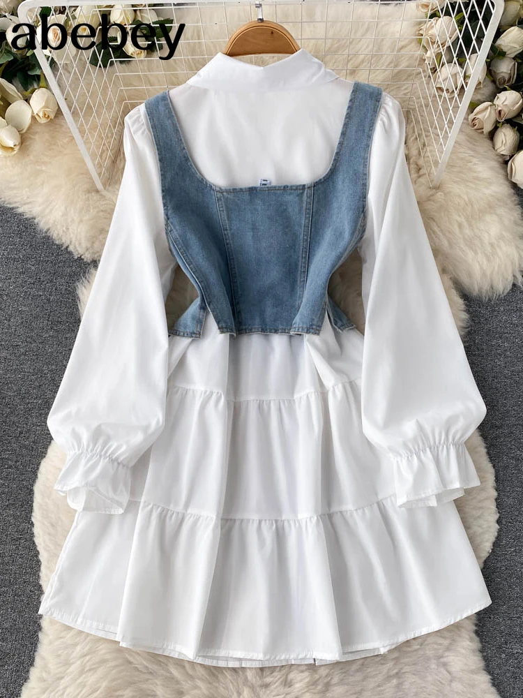 Vestido camisero corto de mezclilla para mujer, conjunto ajustado de dos piezas con manga fruncida, color blanco, moda de otoño