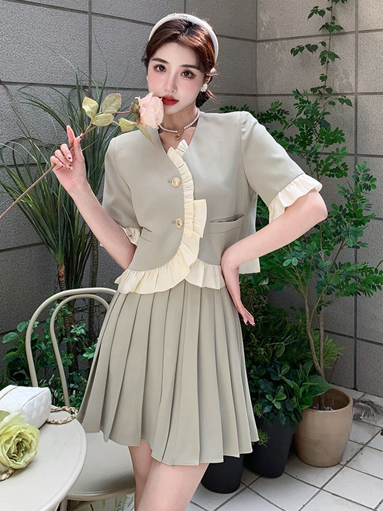 Summer Small Fragrance 2 Pieces Set Short Sleeve Shirts Puffles Jacquard Top Mini Women\'s Skirt High Waist A-line Pleated Skirt