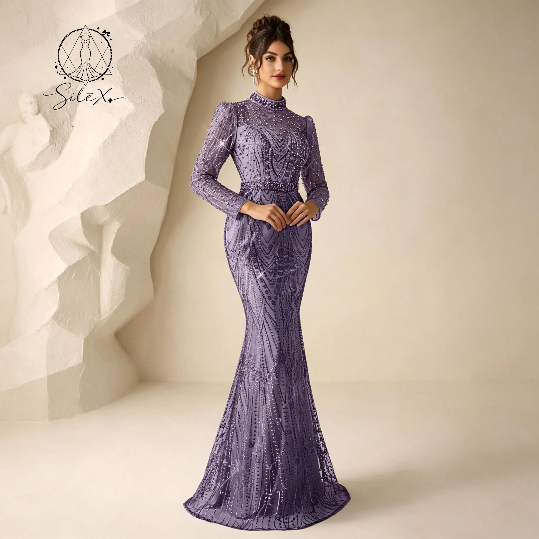 Lavender Sequin Lace Mermaid Formal Gown High Neck Long Sleeve Fitted Waist Elegant Women Banquet Wedding Evening Dress - view 3