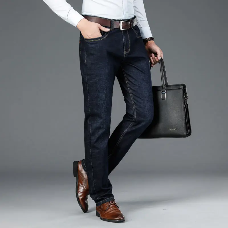 Autumn Winter 2023 New Leisure Business Straight Stretch Slim Jeans Young Middle-aged Comfortable Fashion Mid-waist Trousers