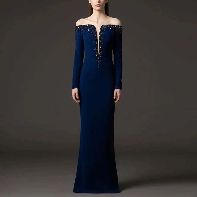 

New European and American Formal Dress off-Neck Heavy Industry Beads Diamond-Embedded Long Dress