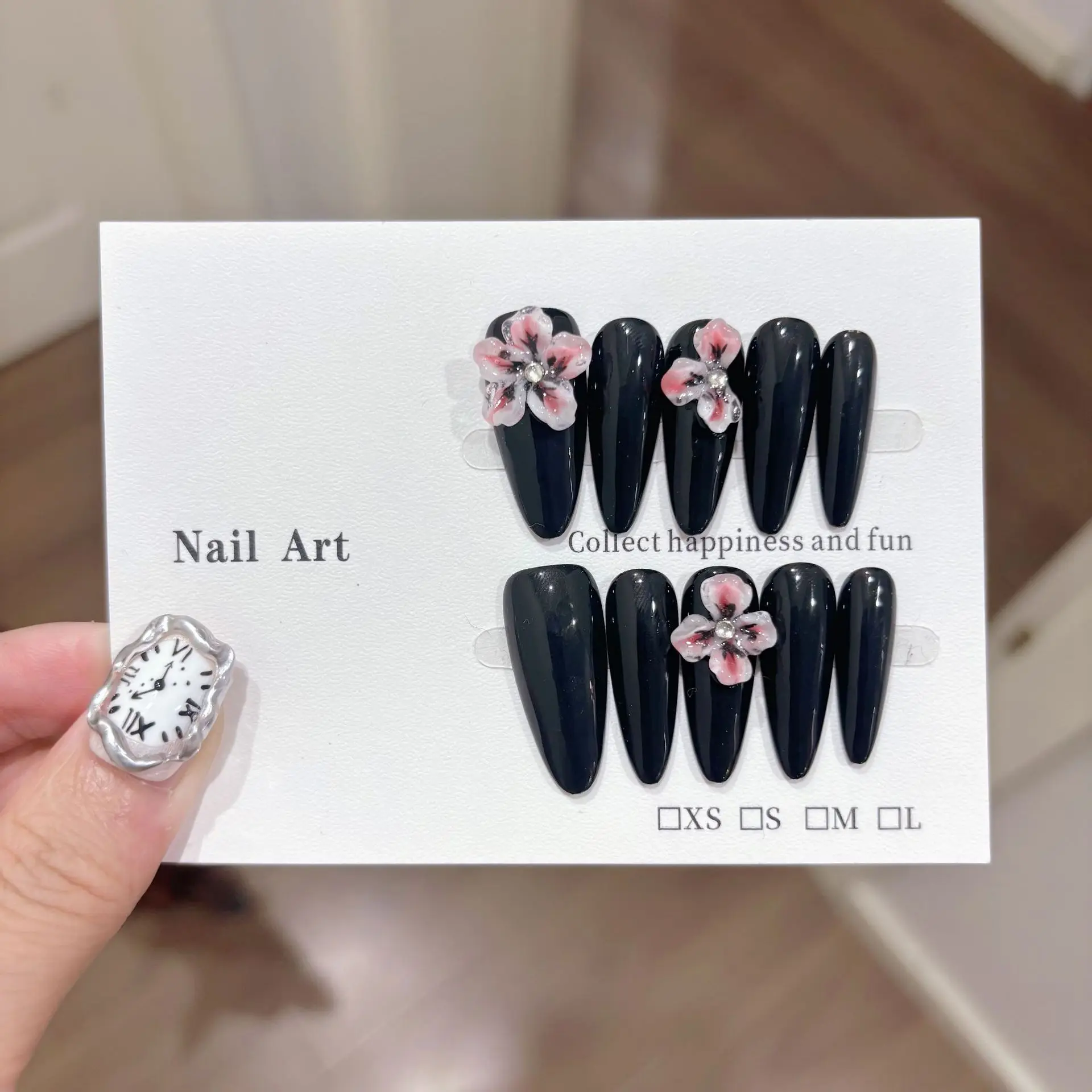 10 stuks handgemaakte lange druk op nagels zwart effen kleur 3D snijwerk bloemen decor zoete coole nepnagels draagbare nail art spice girl