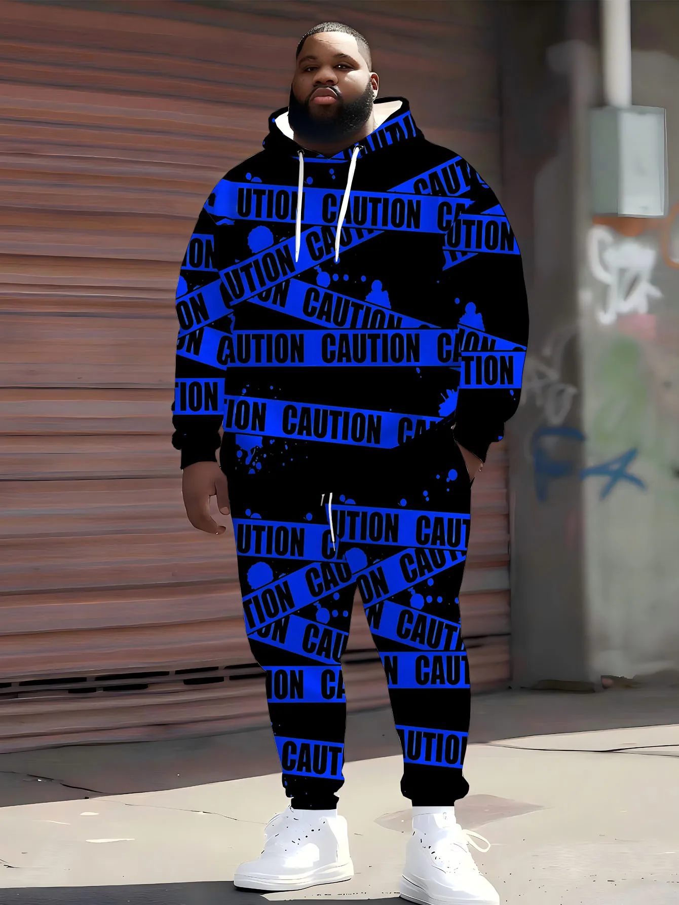 

2025 Trendy Oversized Hoodie & Joggers - Navy Blue Graffiti Warning Print, Streetwear