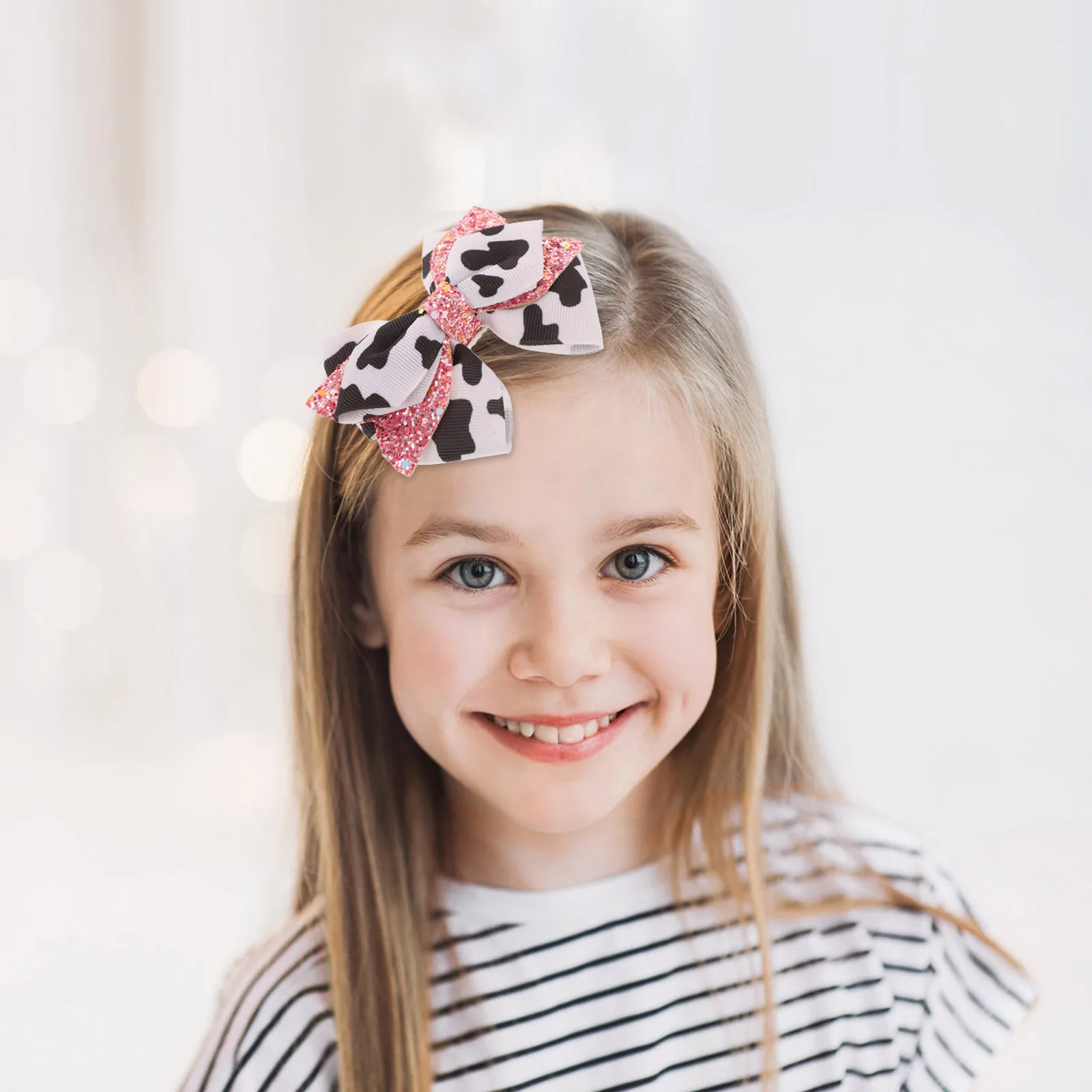 2 قطعة مقاطع الشعر البقرة طباعة أسود أبيض وردي Grosgrain الشريط التمساح كليب لحفلة عيد ميلاد يوميا #3