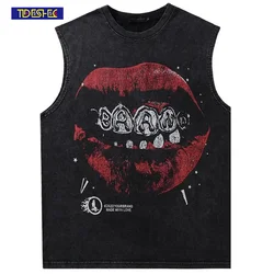 Lip Print Pattern Washed T Shirt Vintage Loose Tank Top Casual Sleeveless Cotton Tshirt Hip Hop Streetwear Oversize Tops Vest