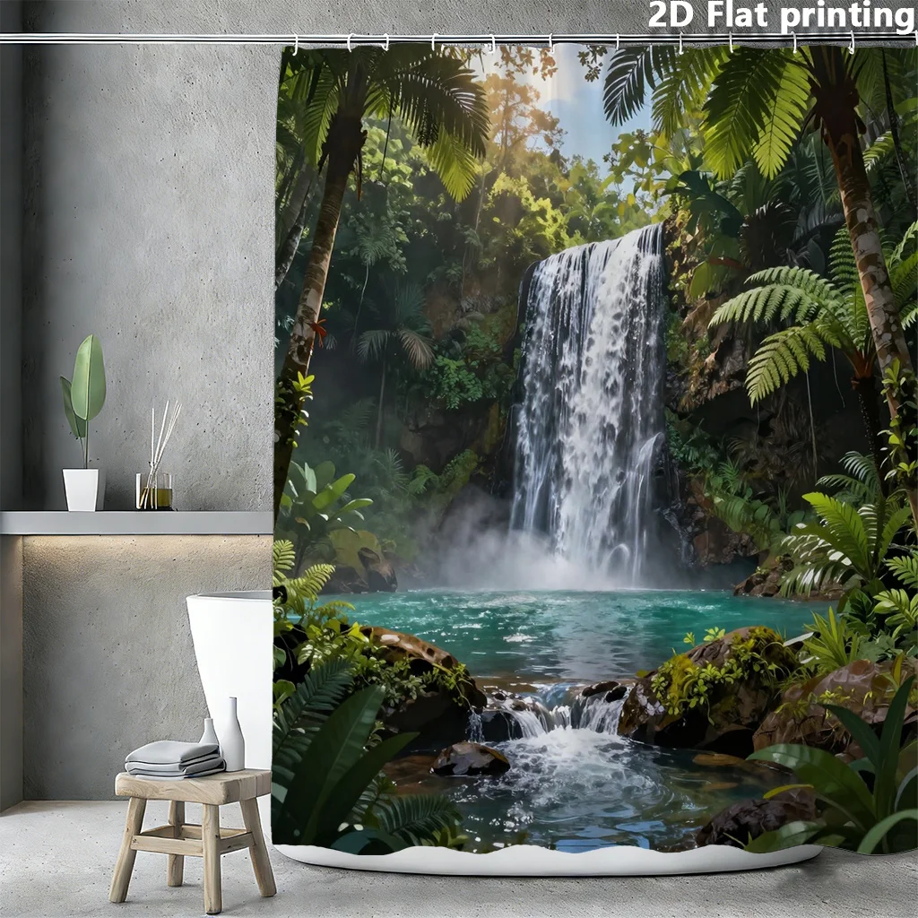 Rideau de douche plat 2D, imprimé 2D, motif jungle cascade avec palmiers verts et piscine bleue, adapté à plusieurs scènes