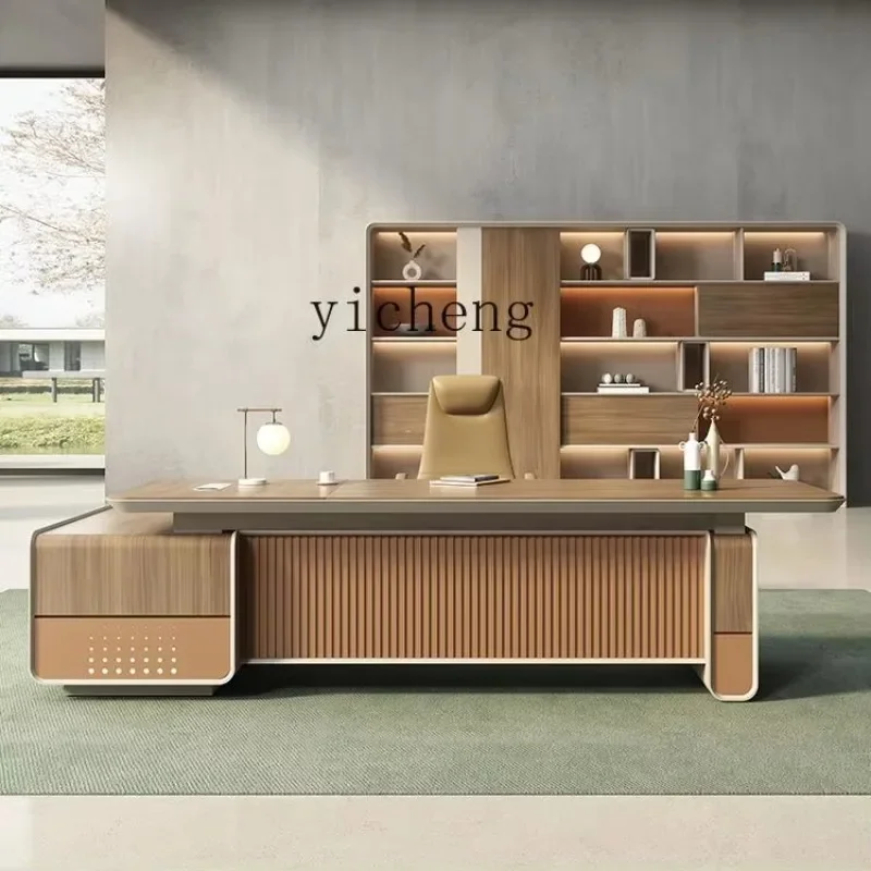 HYS Office Boss Table Background Cabinet Light Luxury Wood Display Bookcase Wall Floor