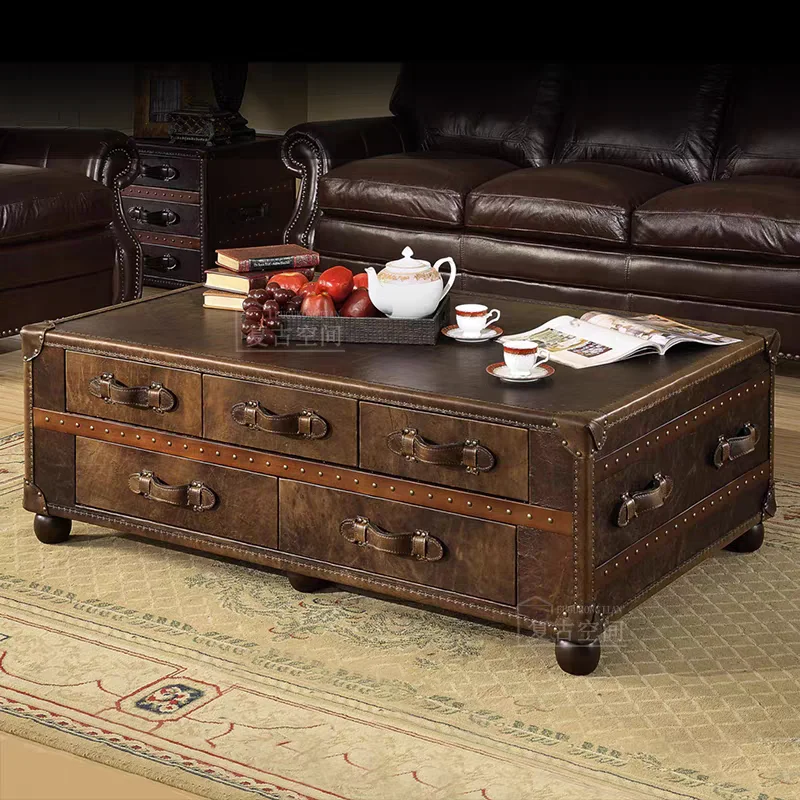 European-style coffee table with vintage wax leather surface, American villa living room cigar lounge reception tea table