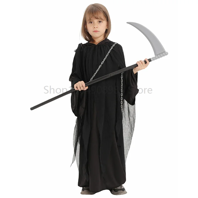 

Unisex Girl Reaper Death Soul Taker Halloween Dress Up Scary Purim Party Outfit Boy Tall Evil Spirit Costume for children
