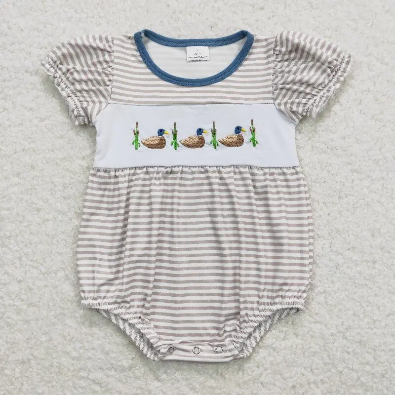 

11.19y SR0987 Duck Stripes New embroidered Baby Infant Girls wholesale Summer Rompers