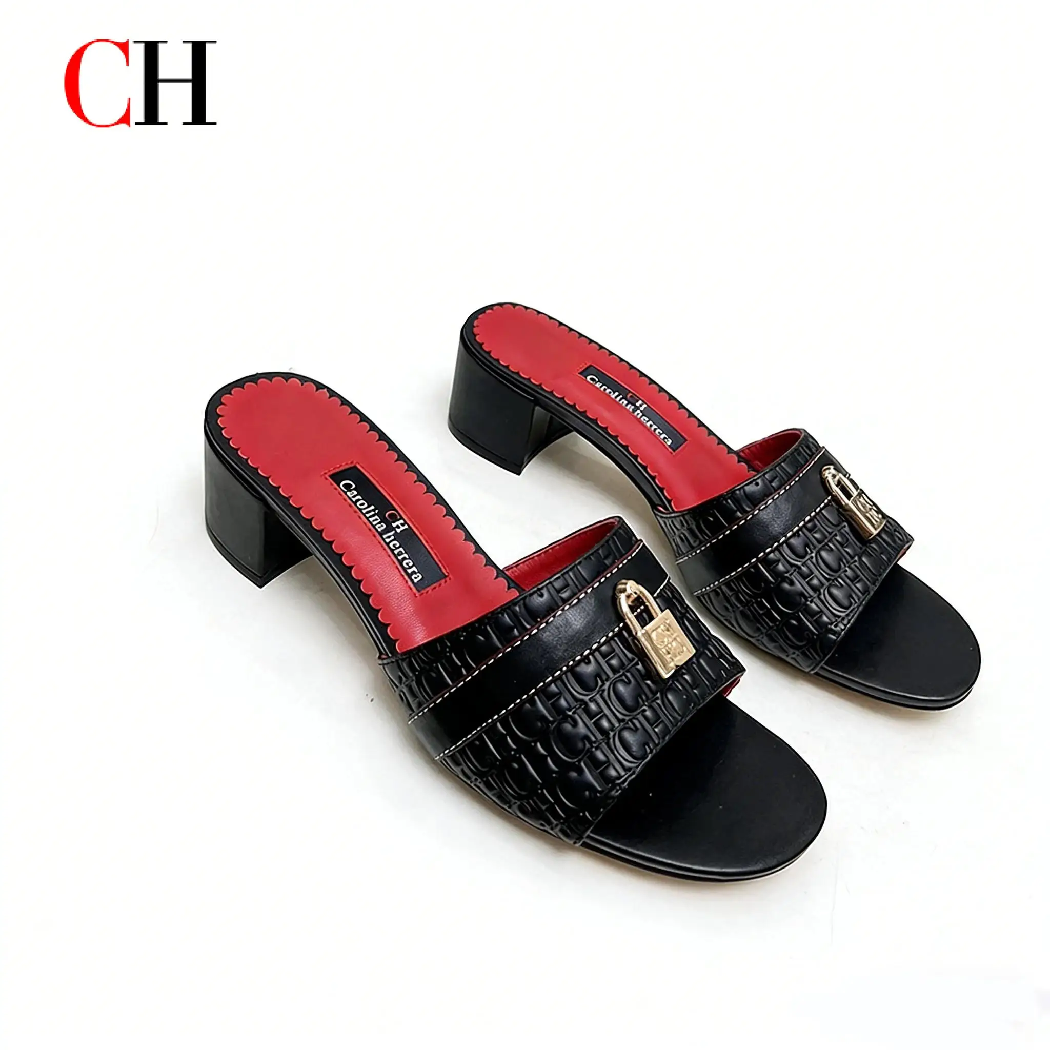 

Women's Luxury Black Red Mule Sandals CH Brand Embossed Leather Upper Metal Lock Buckle Design Block Heel Slides for Daily Wear