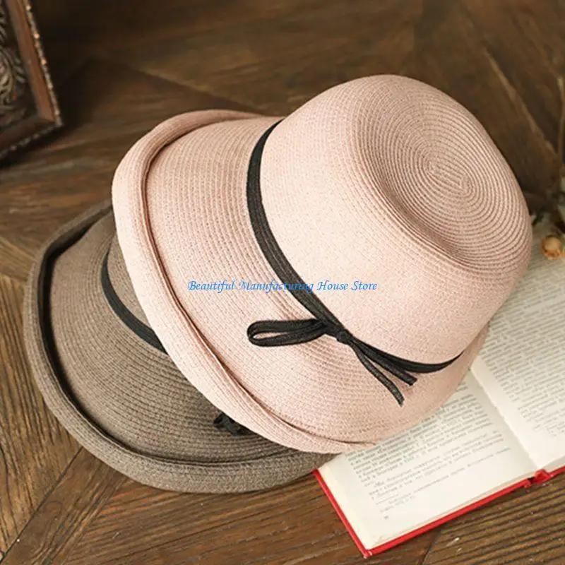 E56A Women Hepburn Vintage Woven for Sun Hat Elegant Contrast Color Bowknot Short Roll Up Brim Foldable Summer Vacation Round
