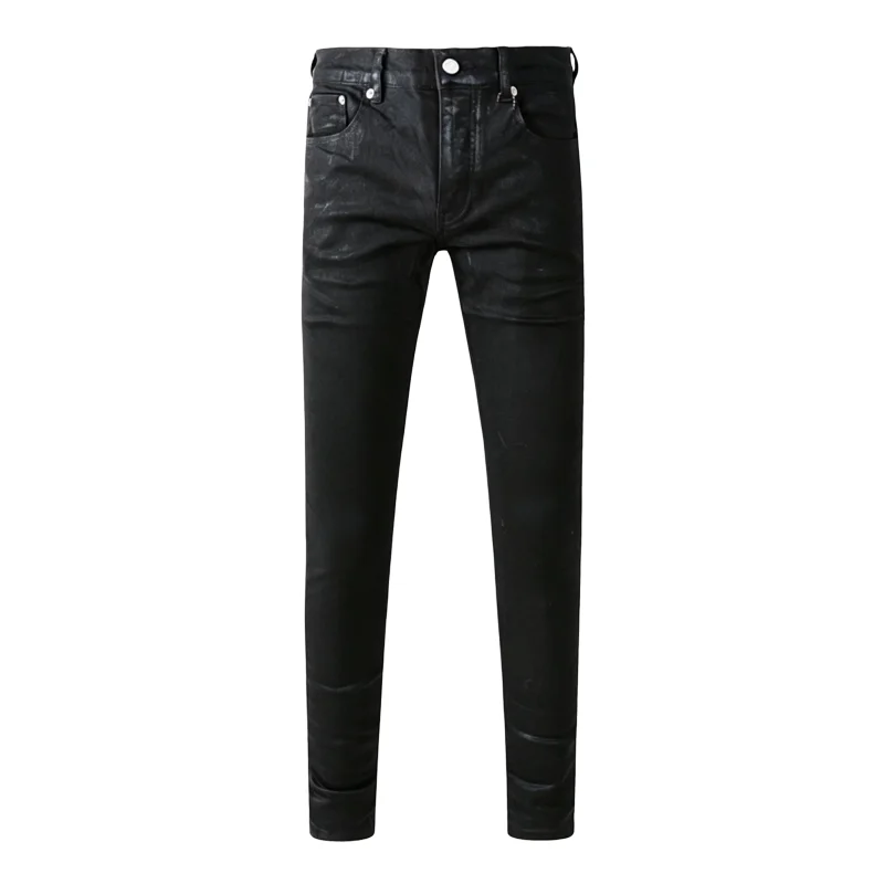 Men's Black Coated Slim Tapered Jeans Washed Distressed Design Button Fly High Street Style