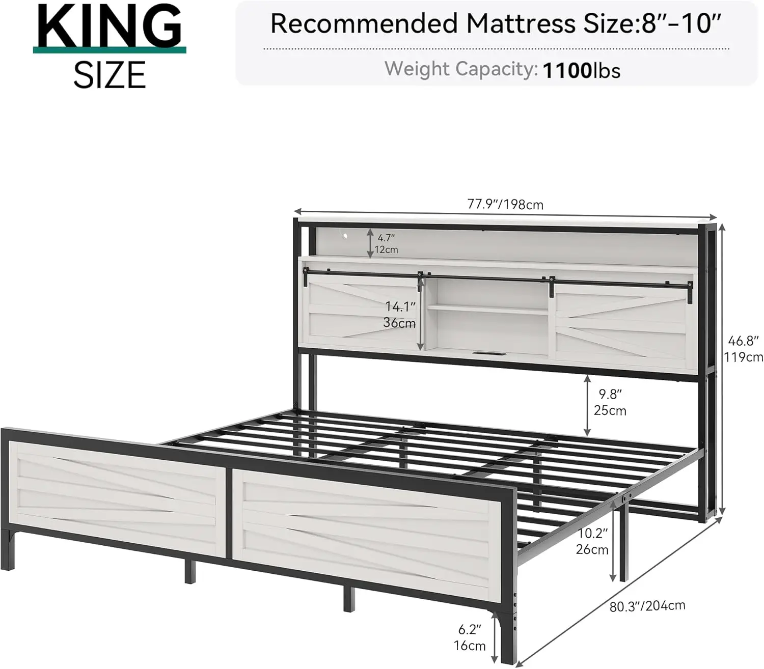 Farmhouse King Bed Frame with Storage Bookcase Headboard, Platform Bed Frame with LED Lights & Charging Station