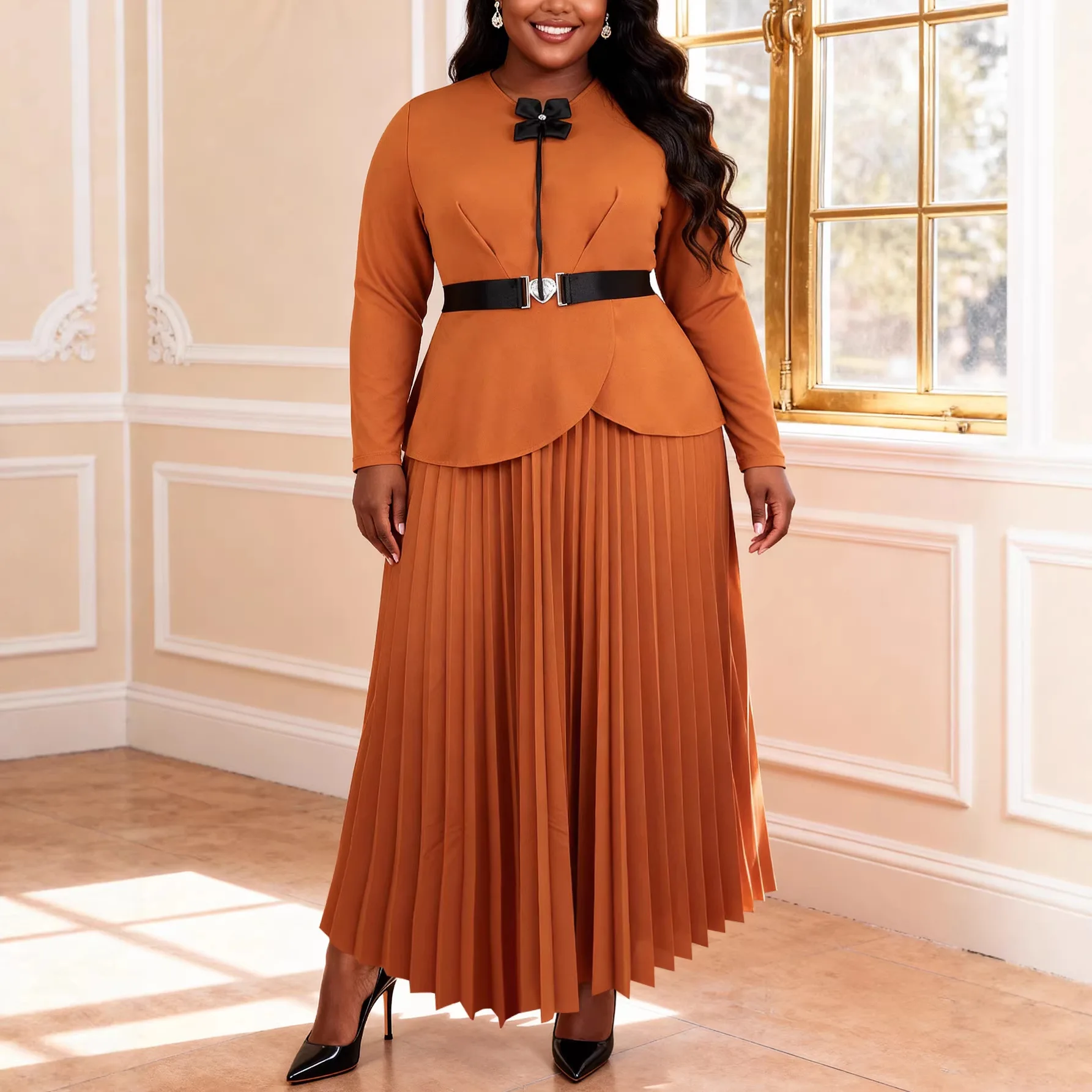 

Africa Clothing Pleated Dresses for Women Summer Africa Long Sleeve O-neck Polyester Party Evening Long Maxi Dresses Plus Size