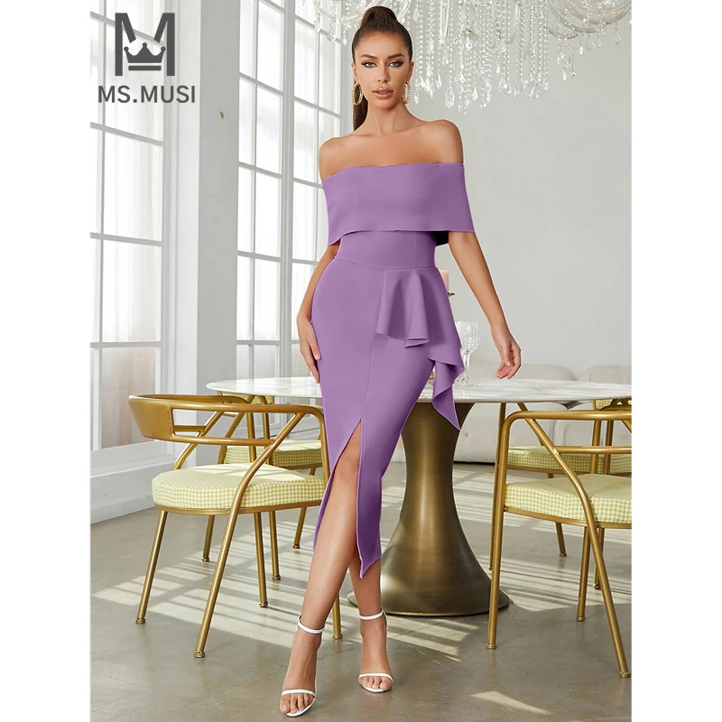 

MSMUSI 2024 New Fashion Women Sexy Off The Shoulder Slit Draped Fold Sleeveless Bodycon Party Club Event Midi Dress Vestidos