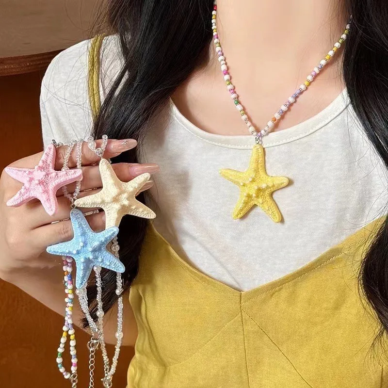 

Dopamine Long Style Beaded Starfish Necklace for Women Starfish Pendant Necklace Summer Beach Vacation Jewelry Accessories Gift