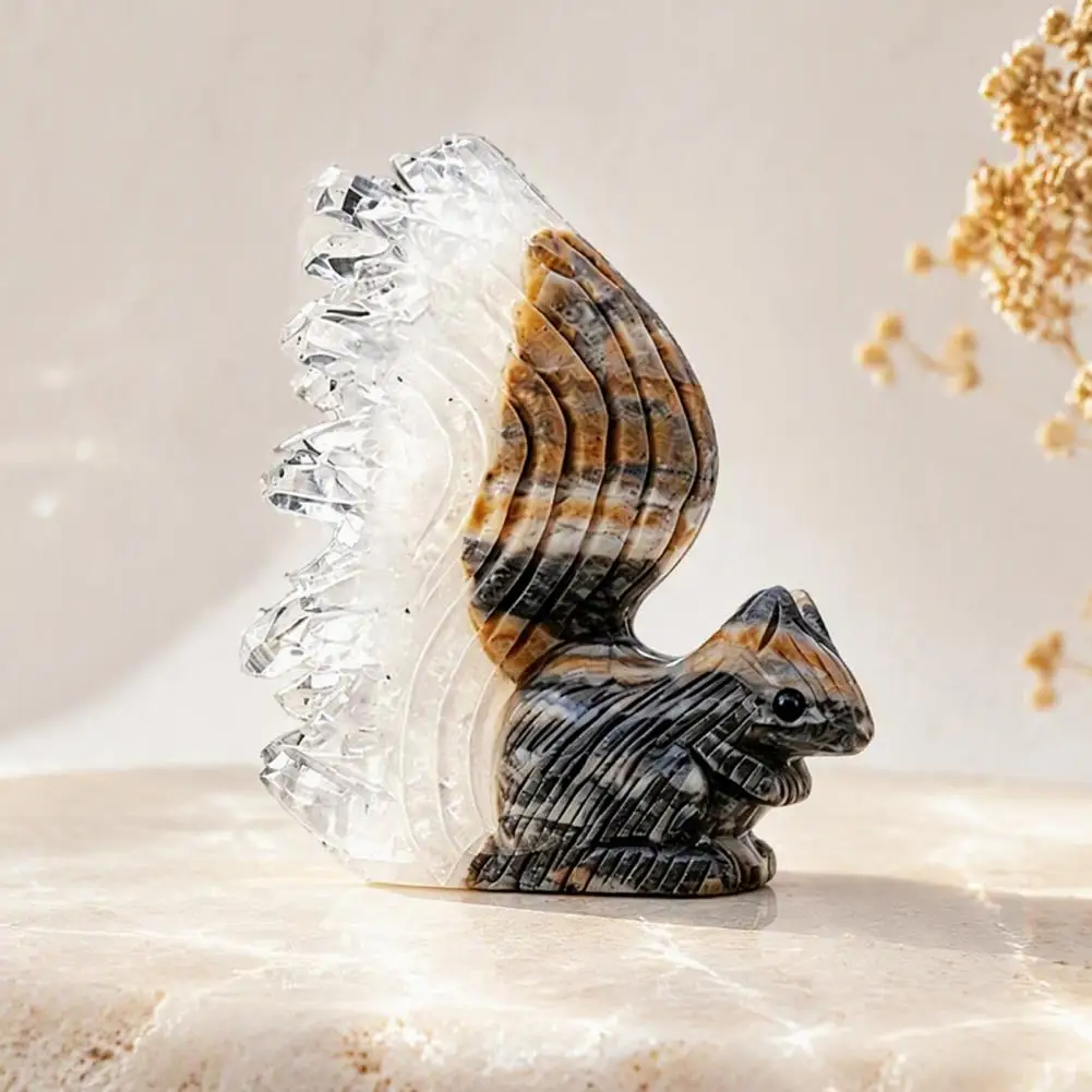 Hand Carved White Crystal Squirrel Ornament Natural Stone Animal Figurine for Home Office Desk Decor Mineral Collection