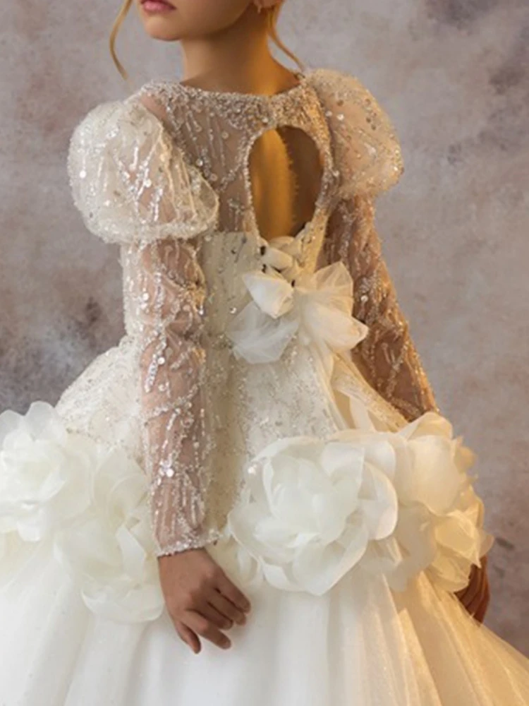 

AA-F07 Custom Made Princess Little Girl Wedding Party Dress Sequin Flower Lace Up Children Birthday Occasion Pageant Formal Gown