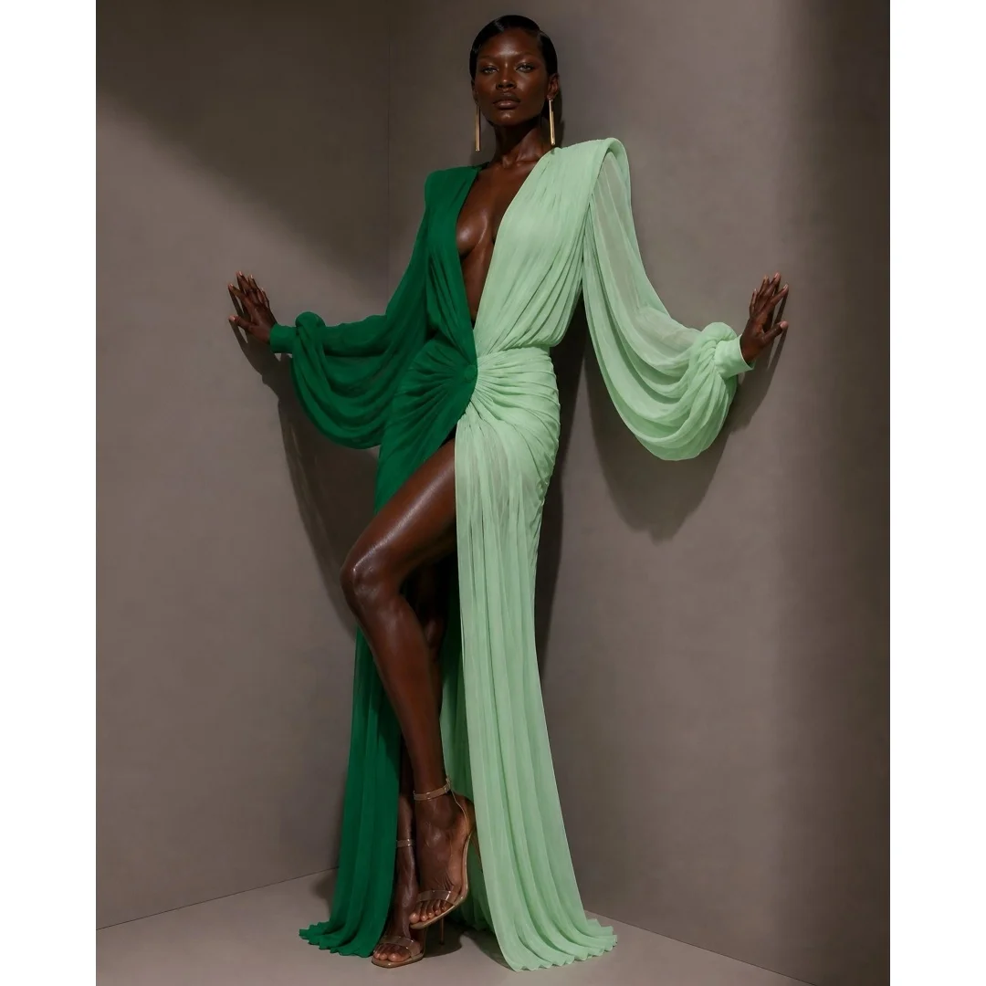 Green Patchwork Evening Dresses Long Sleeves Deep V Neck Slit Prom Dress Pleated Chiffon Party Gown Gala Vestidos Customized