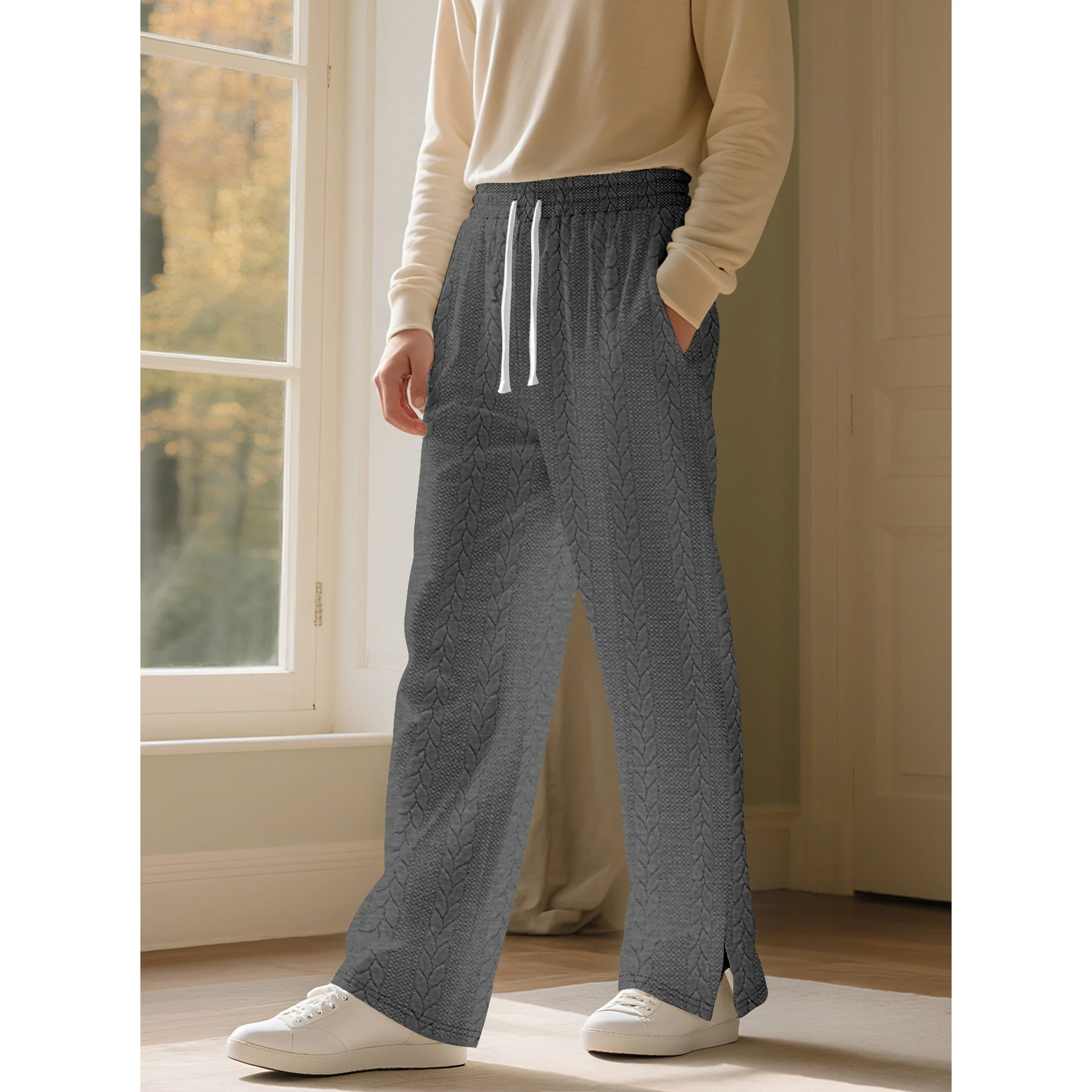 Men's Drawstring Pants with Pockets Stylish Jacquard Design Casual Mid Rise Straight Leg Trousers