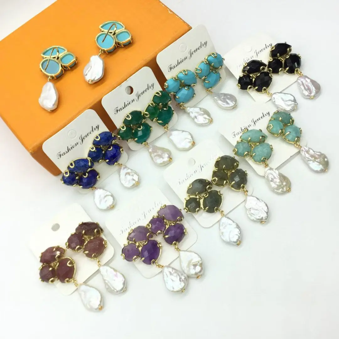 

WT-MPE168 High Quality Handmade Three Natural Gemstones And Pearl Ladies Drop Earrings For Fashion Elegant Jewelry Gift