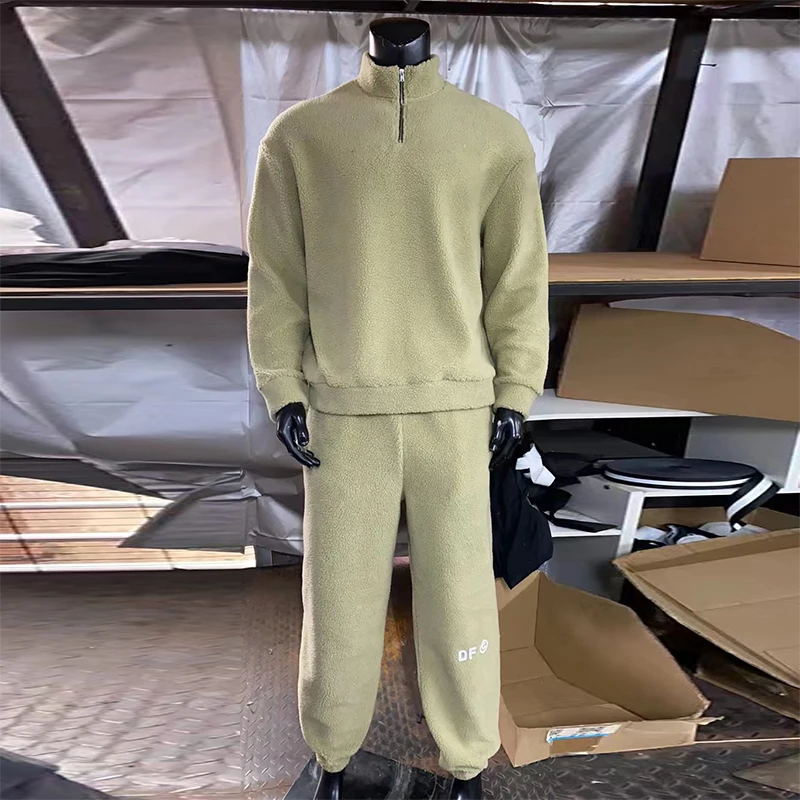 Fashion Mens Fleece Two Piece Set 2022 Winter Casual Solid Color Loose Outfits Men Stand Collar Zipper Wool Tops And Pants Suits