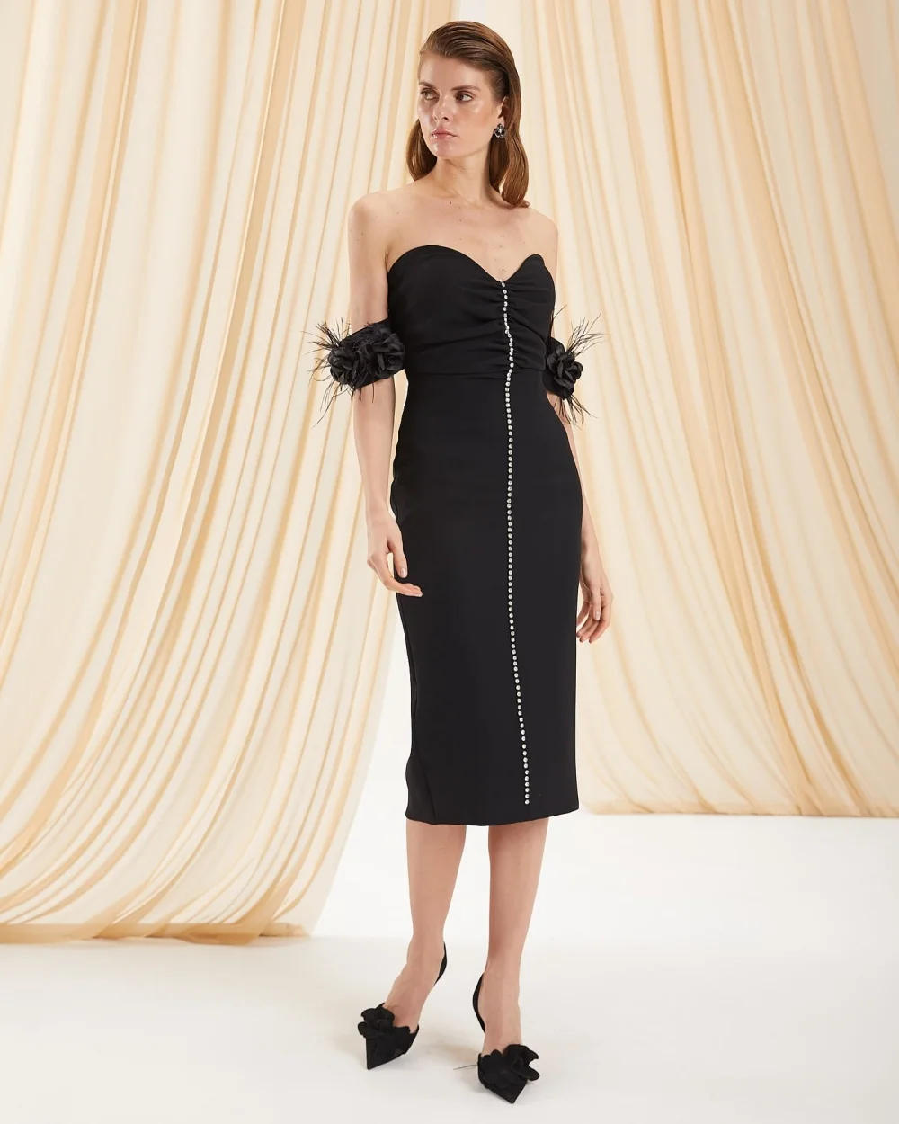 

Customized Jersey Rhinestone Feather Sweetheart Sheath Midi Dresses Evening Gown Bespoke Occasion Fashion Elegant Formal