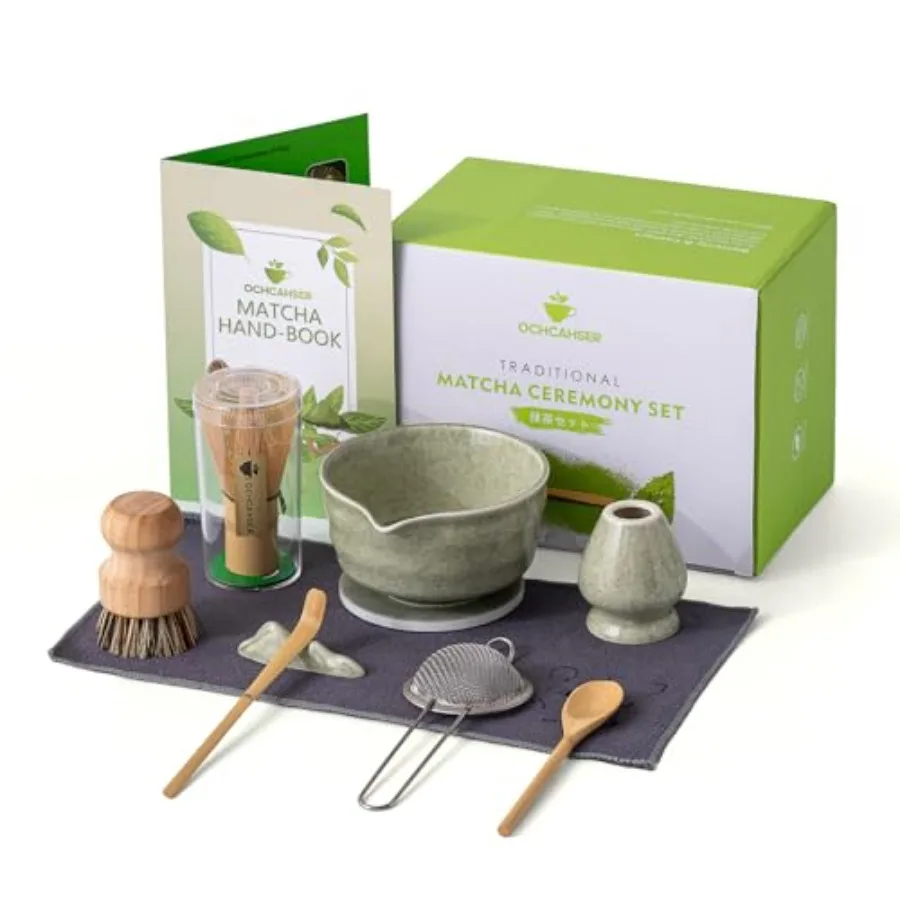 

Японский набор для матча: чаша для матча с носиком и подставкой, венчик для матча и держатель, сито, ложка-шумовка, щетка для чистки, 10 предметов в комплекте